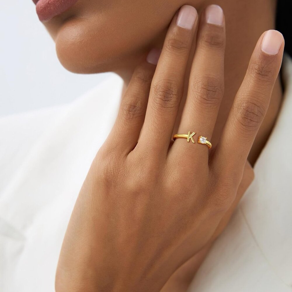 Dainty Adjustable Gold Initial Ring With Cubic Zi… - image 4
